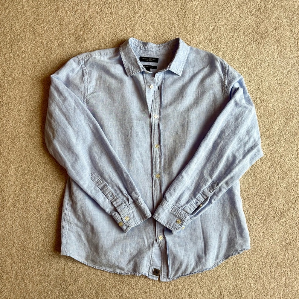 Banana Republic Men’s Large Untucked Slim Linen Cotton Shirt Light Blue